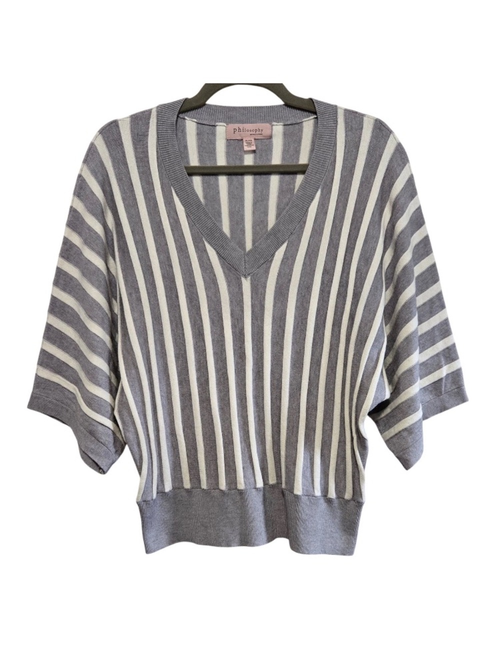 Philosophy Gray & White Vertical Stripe V-Neck Sweater